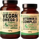 Vegan Omega 3 180 Softgels & Vegan Vitamin B Complex Bundle - 植物基DHA & EPA脂肪酸,基本B维生素与全食品混合,B1,B2,B3,B5,B6,B7,Folate