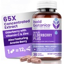 Bold Botanica 长老莓+ - 65x 聚焦 黑长老莓提取 锌和维生素 C 用于日常免疫支持和季节性健康 - 非GMO, 30 Vegan Capsules