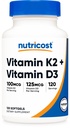 营养成本 维生素D3 + K2 (5000 IU D3 / 100 mcg MK7),120 Softgel – Gluten-free & Non-GMO