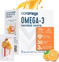 Coromega Omega 3 鱼油补充剂,650毫克Omega-3,配有3X 更好的吸附剂Than Softgels,橙色Flavor,30 单服务挤压包