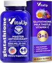 减少Glutathione 补充1000mg - 美国制造Glutathione Capsules 配有维生素C和牛奶酸盐,用于肝脏护理、皮肤支持和免疫健康 - 60个计数