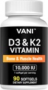 VANI 维生素D3(1000iu/250mcg)+ K2(作为Mk7),用于骨骼和肌肉及牙齿健康,90 SOFTGELS