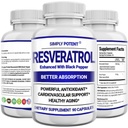 Resveratrol 1000mg 补充剂,Trans Resveratrol 500mg, Resveratrol 加固黑椒,用于最大吸附剂、强抗氧化剂和抗衰老药丸,用于心脏,Immune和皮肤健康,90 Capsules
