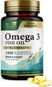 Omega 3 鱼油 2400 mg - 三重强度Omega-3 补充剂 - 天然脑心健康与免疫支持 - 脂肪酸与EPA & DHA - 野生捕获纯化鱼油补充剂 - 60 Softgels