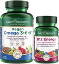 纯度产品包-Vegan Omega 3-6-9(180厘米) + B-12 能量熔化 Omega 3-6-9(“5 in 1”) 植物基 Omega 3 6 9 基本脂肪酸-B12 Berry熔化(Methylcobalamin B12 + B6 + D3 + 更多)