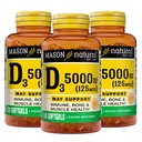 MASON NATURAL 维生素 D3 125 mcg(5000 IU) - 支持整体健康,加强骨骼和肌肉,来源于鱼肝油,50 Softgels (Pack of 3)