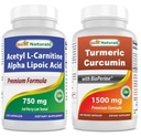 最佳天然乙酰L-Carnitine和Alpha Lipoic酸 750 mg & Turmeric Curcumin 1500mg/与生物丙烯一起服务