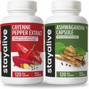 活生生的Cayenne和Ashwagandha Bundle w/Black Pepper Capsules, 240 Vegan Pills, Non-GMO & Gluten Free Ashwagandha Cayenne Pepper 补编