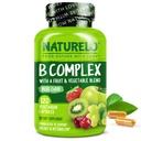 NATURELO 维生素B 配有甲基B12,甲基福拉特,维生素B6,生物素+胆碱,CoQ10,水果和蔬菜混合剂 - 支持能量和健康应激反应 - Vegan - 120 Capsules