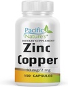 PACIIC NATURE的锌铜补充剂(150 Capsules),配有50mg的锌葡萄糖,2mg的硫酸铜用于免疫支持 - Gluten Free, no-GMO