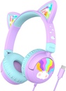 iClever儿童耳机 USB C, LED Light Up, 85dBA Safe Volume, Stereo Sound Toddler 旅行学校耳机, iPad平板电脑带Cord的儿童耳机, Meow Lollipop-Purple