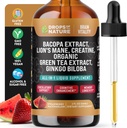 Creatine & Bacopa Liquid Drops with Lion's Mane, Green Tea & Ginkgo Biloba - 比Gummys & Pills更快的吸收混合剂 - Vegan 增强焦点和认知补充剂(草莓西瓜,60mL)