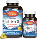 Carlson - Cod Liver Oil Gems, 460 mg Omega-3s + 维生素A & D3, Wild-Caught 挪威北极Cod Liver Oil, 可持续来源的北欧鱼油盖,柠檬,180软胶