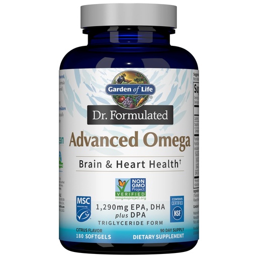 " 生命花园 " Dr. Formulated Advanced Omega Fish Oil - Lemon, 1,290mg EPA, DHA + DEA in Triglyceride Form, 单源Omega 3 绝缘大脑和心脏健康补编,非GMO,180 Softgels